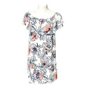 Everly Floral Off Shoulder Dress Size Large White/Blue